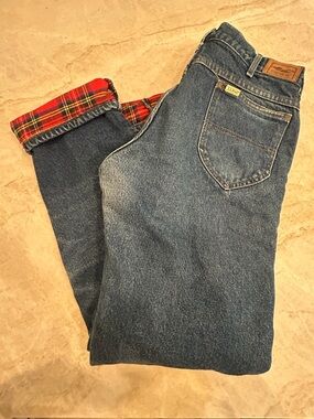 Vintage LL Bean Flannel Lined Jeans 36x34 Red Plaid USA Made Workwear Denim